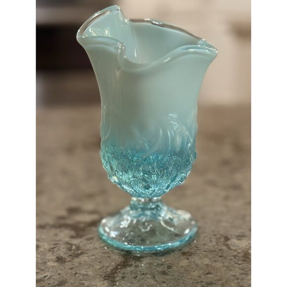 Vintage Fenton Blue Opalescent Handkerchief Ruffled Vase Lily of the Valley 6” - Picture 2 of 7
